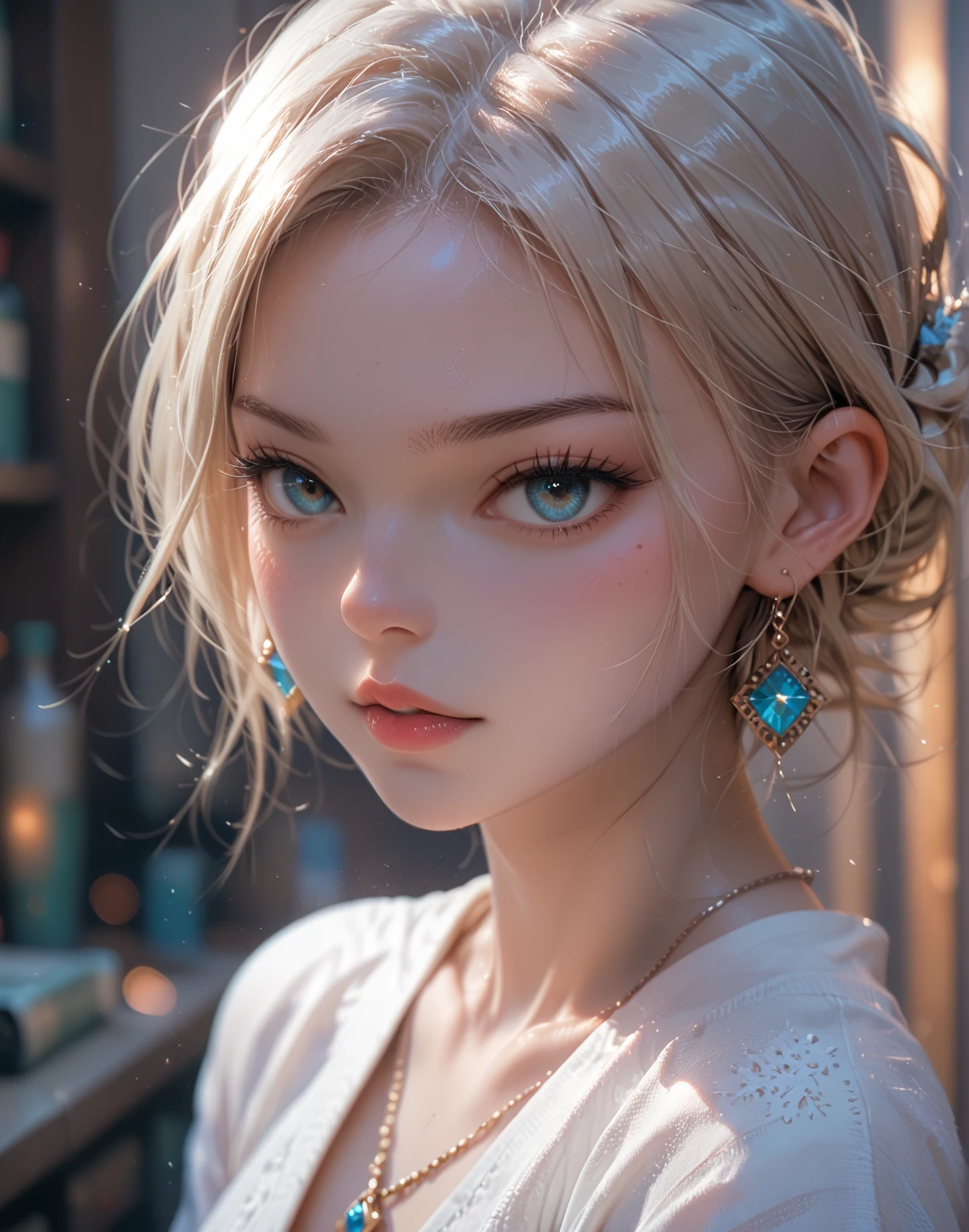 ((ultra quality)), ((tmasterpiece)), gnome girl, Short stature, ((blonde woman, hairlong, braided)), (silver ear rings), (silver necklace around the neck), (Beautiful cute face), (beautiful female lips), Charming, ((sexy facial expression)), is looking at the camera, eyes are slightly closed, (Skin color: white), Body glare, ((detailed beautiful female eyes)), ((dark blue eyes)), (juicy female lips), (beautiful female hands), (A bit full figure, bun), ((perfect female figure)), perfect female body, Beautiful waist, Gorgeous hips, Beautiful medium breasts, ((Subtle and beautiful)), seductively worth it (Rear view) (close-up of the face), (wearing blackface jeans, white tanktop) background: on the threshold of the house, Hot day, ((Depth of field)), ((high quality clear image)), (crisp details), ((higly detailed)), Realistic, Professional Photo Session, ((Clear Focus)), the anime
