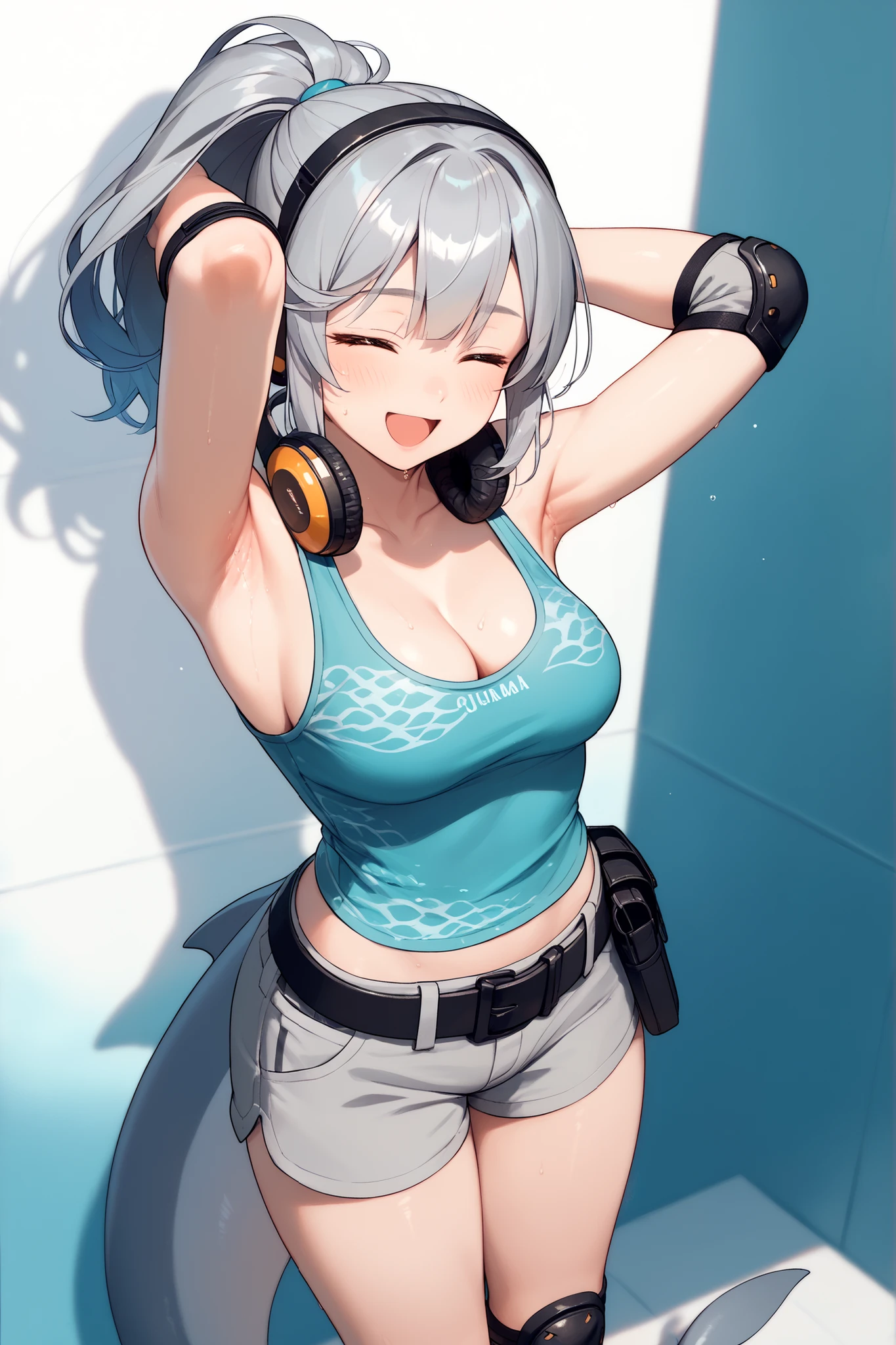 1girl, cyan tank top, sea wave print on tank top, white sea wave print, medium breast, cleavage, pale, demi-human, dolphin girl, dolphin tail, grey tail, dolphin fins on neck, big tail, happy, closed eyes, grey hair, ponytail, grey shorts, knee pads, elbow pads, standing, headphones around neck, wired headphones, mp3 player on belt, at the wall, white wall, ceramic tiles wall, left hand in hairs, armpit, armpit flash, near viewer, sweaty, skate park, grafiti on walls,