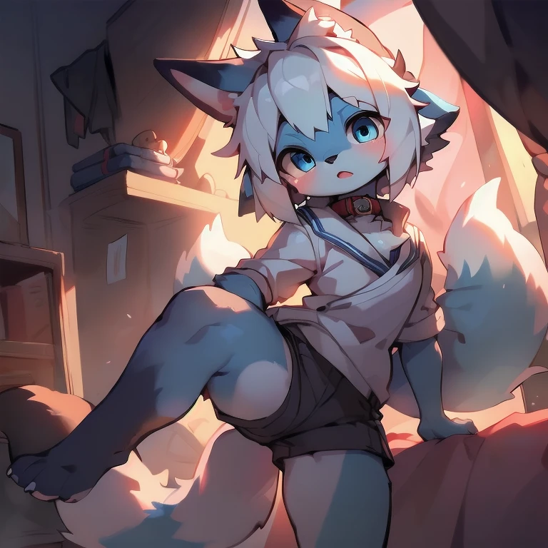 Highres, Masterpiece, Best quality at best,High-quality illustrations, Best Quality, Furry, Boy, Shota, Cat boy, Two boy doing anal, side anal, Blue fur,crystal blue eyes,Single fluffy tail,White hair,Open mouth, Little fang, (Showing penis), cum, Anal, short detailed hair, Seen from side, Shirtless, Topless, Upper body, uhd