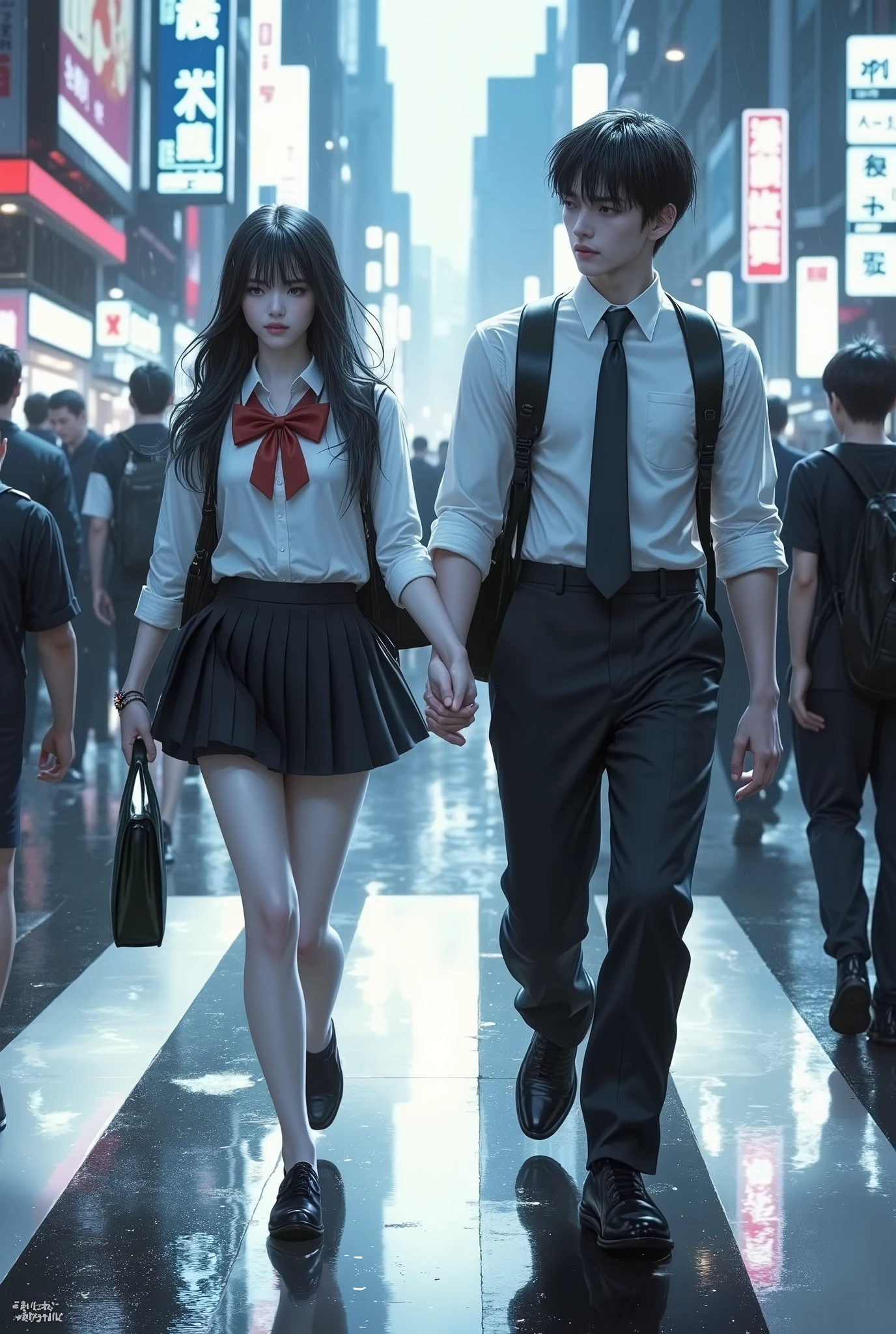 Two high school students stroll hand-in-hand across a rainy crosswalk in the heart of a bustling Japanese city. Drenched in youth, defiance, and casual style, their uniforms reflect a mix of tradition and rebellion — untucked shirts, loosened ties, and school bags slung carelessly. The girl wears a pleated skirt with a red bow, while the boy pairs loose slacks with a half-buttoned shirt and skewed tie. Neon reflections glimmer in puddles as the city breathes around them.