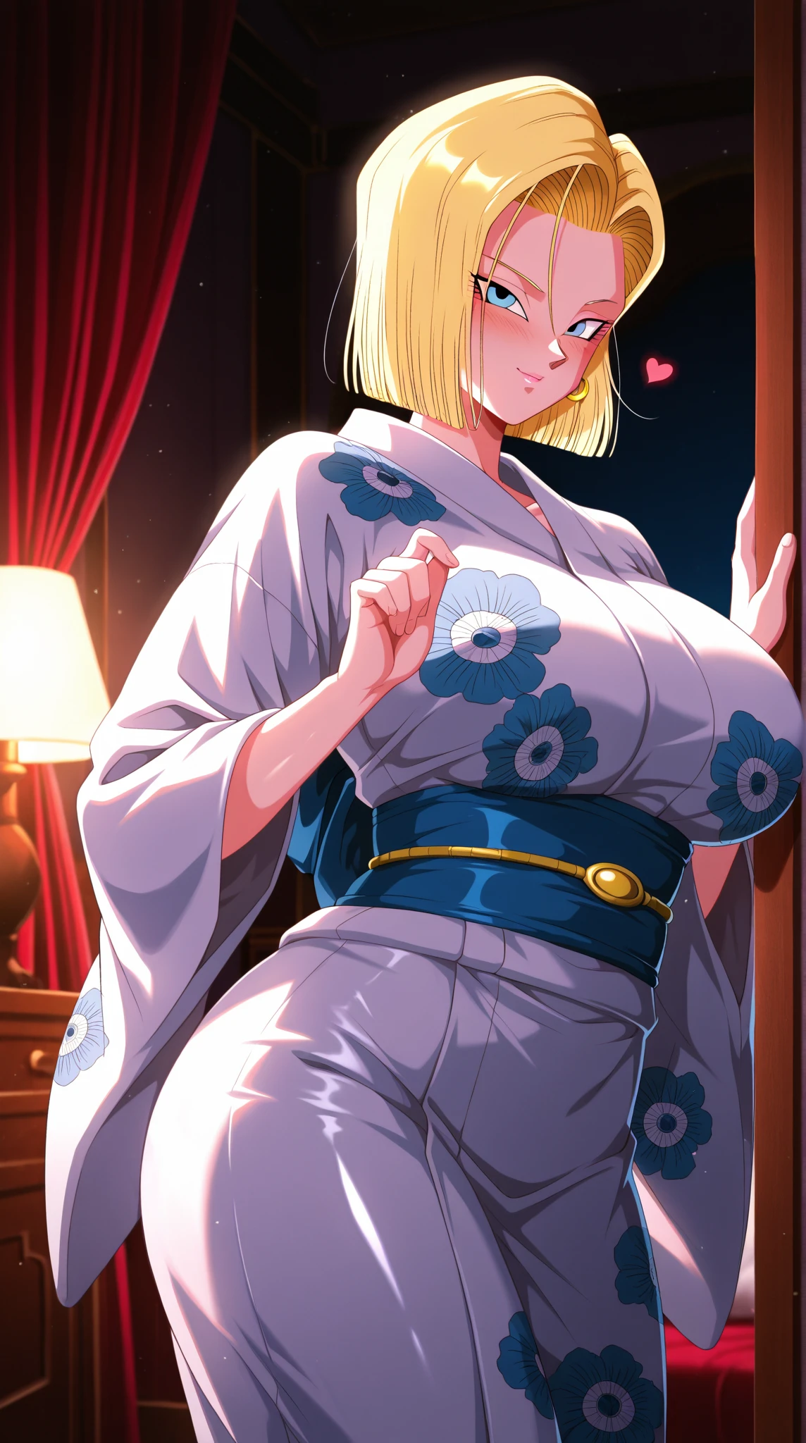 score_9, score_8_up, score_7_up, score_9, source_anime, BREAK Android18SDXL, 1girl, solo, long hair, breasts, looking at viewer, blush, smile, bangs, blonde hair, long sleeves, cleavage, bare shoulders, brown eyes, standing, collarbone, thighs, parted lips, japanese clothes, pants, kimono, off shoulder, huge breasts, super thin waist, parted bangs, sash, facial mark, obi, curvy, mature female, forehead mark, grey kimono, Android 18