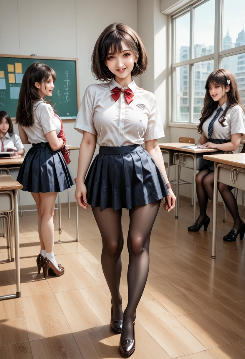 Teacher sitting on top of her desk surrounded by young male students, after school , her legs are open wide, male students all desire her, they fondle her and she loves it, Sexy, long wavy dark hair with bangs, she is such a tease,she is wearing a button down blouse, micro mini skirt, and sheer seamless pantyhose with tiny black panties, UHD, some of the young students touch her hips and thighs