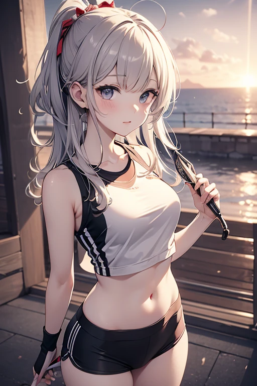 (((best quality)), ((masterpiece)), (details), masterpiece, best quality, high quality, ulutra detailed, perfect face, ((1girl, blue eyes, cat ears: 1.3 silver bob hair: 2.5,)) 、Shiny Hair、Glowing Skin、blush、Lustful look、Small breasts、Sports Bra、Yoga Leggings、Yoga poses、studio、Drink water、Side Angle、Sexy