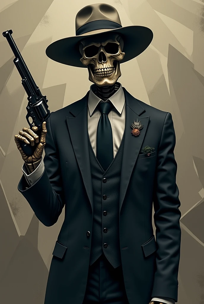 Create an image with a skull with a white cowboy hat and on his right hand on the middle finger a diamond skull ring with diamonds also a gold short weapon that he holds with his left hand also wearing elegant black clothing and in the background the tower of Paris at night.