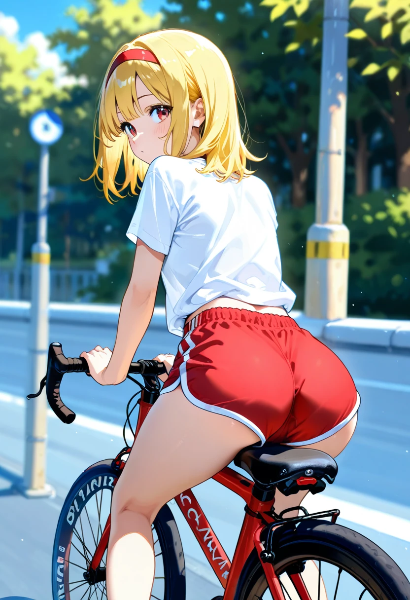 this is a painting of an anime woman riding bicycle, 1girl, solo, underwear, panties, ass, white panties, blush, looking back, sonsaku hakufu, earrings, red bow, sweater vest, white shirt, plaid skirt, white socks, loafers