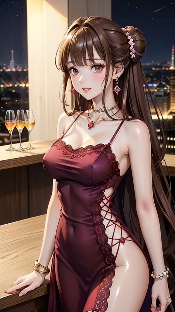 (masterpiece:1.2, top-quality), (realistic, photorealistic:1.4), beautiful illustration, (natural side lighting, movie lighting),
looking at viewer, 1 girl, japanese, 17 years old, perfect face, perfect body, cute and symmetrical face, shiny skin, babyface,
(long hair, straight hair, sideburns, hair intakes:1.2, blond hair), swept bangs, gold eyes, big eyes, (middle breasts, seductive thighs), piercings,
beautiful hair, beautiful face, beautiful detailed eyes, beautiful clavicle, beautiful body, beautiful chest, beautiful thigh, beautiful legs, beautiful fingers,
((red dress, bandeau top), necklace),
(beautiful scenery), night, (bar), walking, (lovly smile, upper eyes),