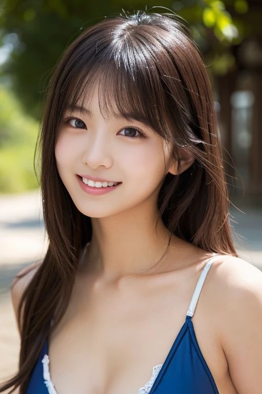[super high quality,masterpiece,High resolution],((Japanese,woman,Super Beauty,cute,,No makeup,smile)),(Black Hair,Long Hair,Tie your hair into a ponytail),(Perfect Face、,Model body type,Beautiful Skin),(bikini),locker room,Out of focus background、Victory smile、Full body image、If you look closely at the face、Big Breasts、bangs、Random Color Swimwear、To the camera、Stand in front