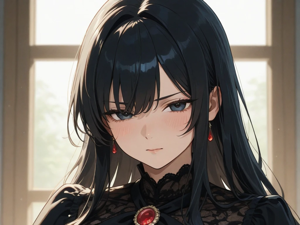 ((best quality)), (((masterpiece))), 1girl, simple background, black hair, yellow eyes, ringed eyes, red and black jacket