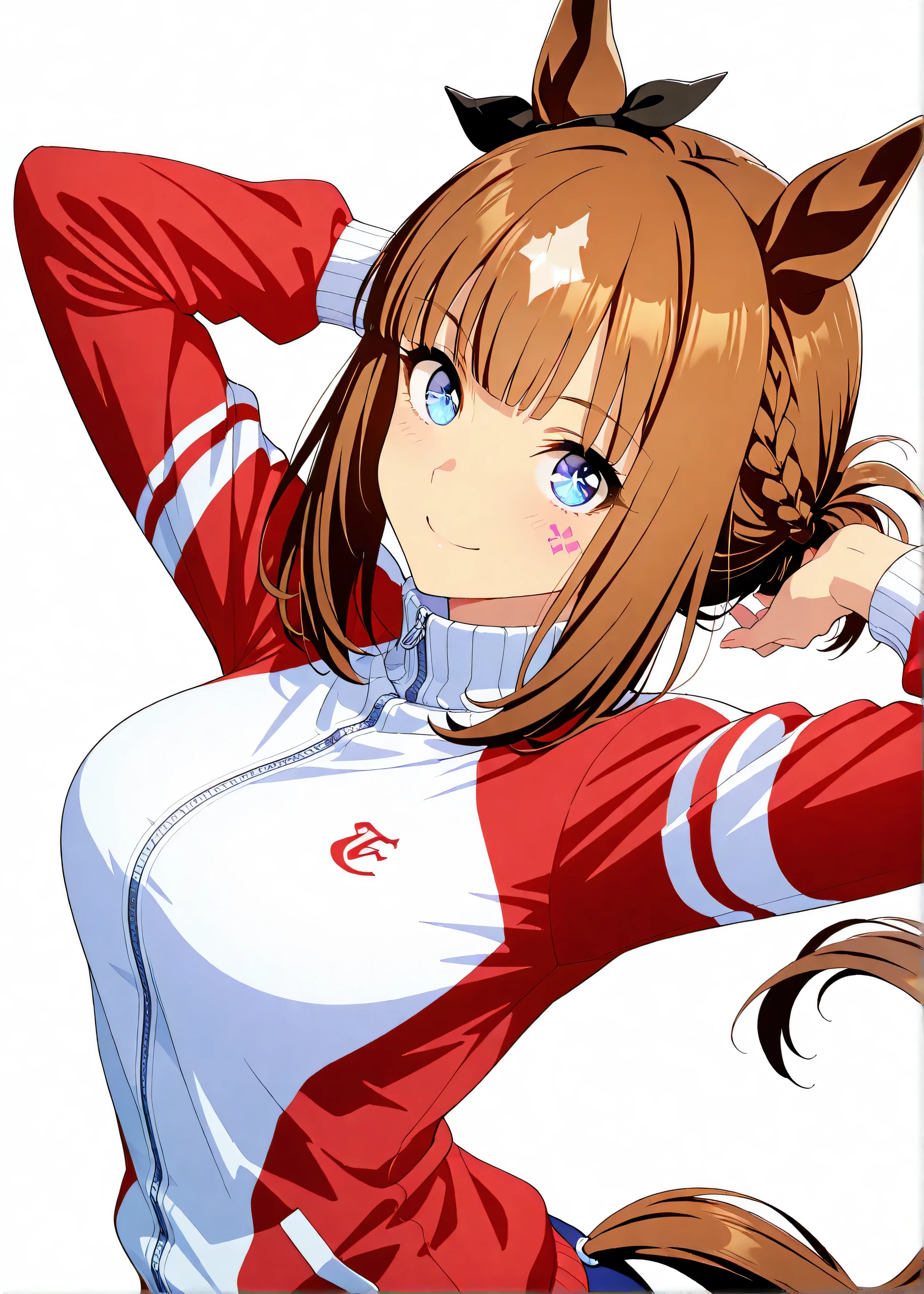 score_9, score_8_up, score_7_up, score_6_up, score_5_up, score_4_up, sourgce_anime, {best quality}, {very aesthetic}, {ultra-detailed}, {best illustration}, {masterpiece}, detailed,
perfect anatomy, 1girl, almond eye, umamusume, tail, feminine, female anatomy, ideal ratio body proportions, 8 heads tall, track jacket, Stretching, from side, looking at viewer, smile, dynamic angle, {{{face focus}}}, breast focus, face shot, anime keyvisual, white background ,Geometric patterns