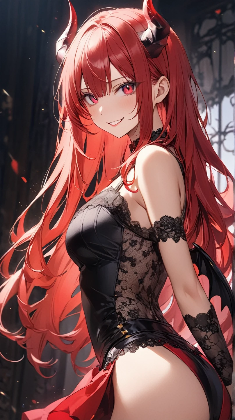(masterpiece, top quality, very aesthetic, 4k、illustration), intricate detail, 1woman,solo,contrapposto 、(gradient eyes、tareme)、Strong glowing eyes、parted bangs,Fair skin,(cowboy shot)、Cool women、Cleavage、 smile、(red lipstick),beautiful face、(gradient hair)、(wavy　red hair)、multicolored hair,sidelock ,red eyes、halter top dress、medium breasts、slender 、
