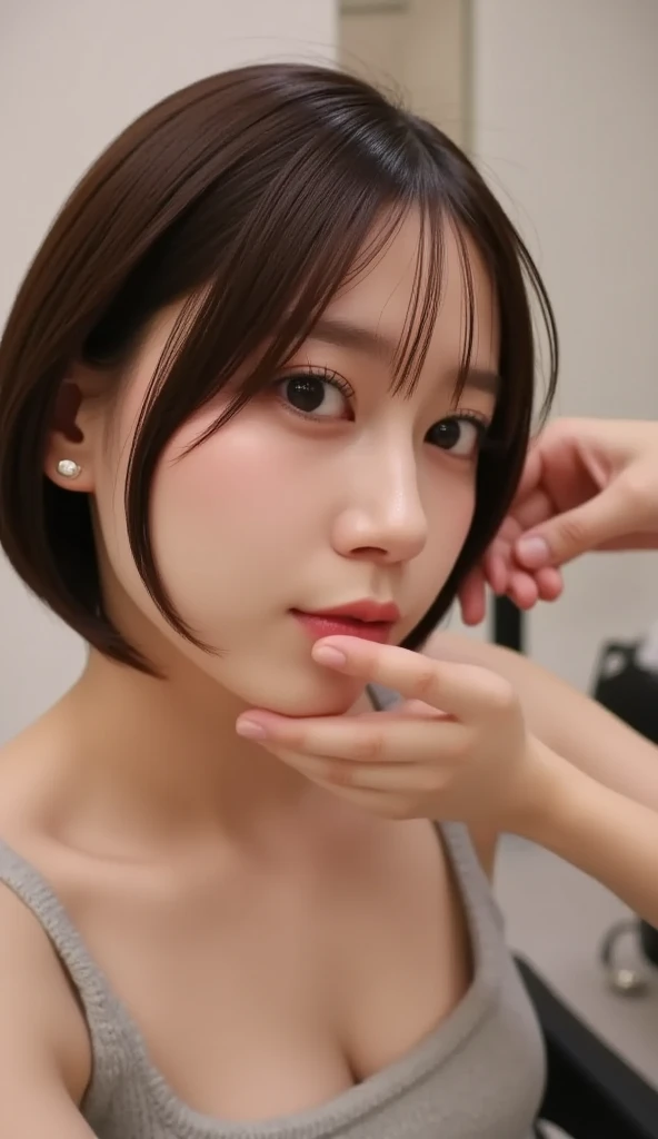 (((Ultra-high resolution、Close-up、Cute Japanese Woman)))、Long, straight black hair frames her face、So that every single hair is clearly visible、Depicts subtle color changes depending on the amount of light hitting the subject、The skin is white and smooth、Has a natural glow、Fine skin texture、Representing the fine details of pores、amountや頬に薄い赤みがある部分を詳細に、The eyes are almond-shaped and dark brown.、Fine details of the iris、Depicts color gradations and patterns、Long, natural-looking eyelashes, each and every one visible、Well-groomed eyebrows、indivual々The hair is clearly visible、Light reflects off into the eyes、Create small highlights、noseは繊細で、nose孔の細かいディテールがある、Lips are plump and naturally pink、Depicts the fine lines and soft curves of the lips、Shiny、Accentuate the shape、Detailed depiction of lip texture、Particular attention to the depiction of light and shadow、Soft natural light gently illuminates the face from the front、amount、nose、Creates a subtle glow on the cheeks、Shadows are cast softly along the contours of the face、cheekbone、Jaw Curve、noseの側面を強調、The gloss of her lips reflects the light faintly.、Emphasizes plump texture、The shadow of the hair adds depth and dimension.、indivual々The hair shines in the light、The background is simple and blurred.、Focus on the face、In the highest quality、Representing the utmost detail