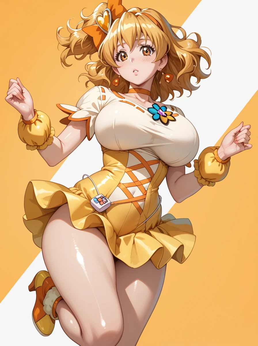 Cure Pine, Pretty Cure, short hair, Hair Ribbon, Frills, Short sleeve, Wrist cuff, Orange Choker, Orange boots, Yellow Skirt,, corruption, Hollow Eyes, Half-closed eyes, Big Breasts，large breasts and nipples，Big buttocks and thighs