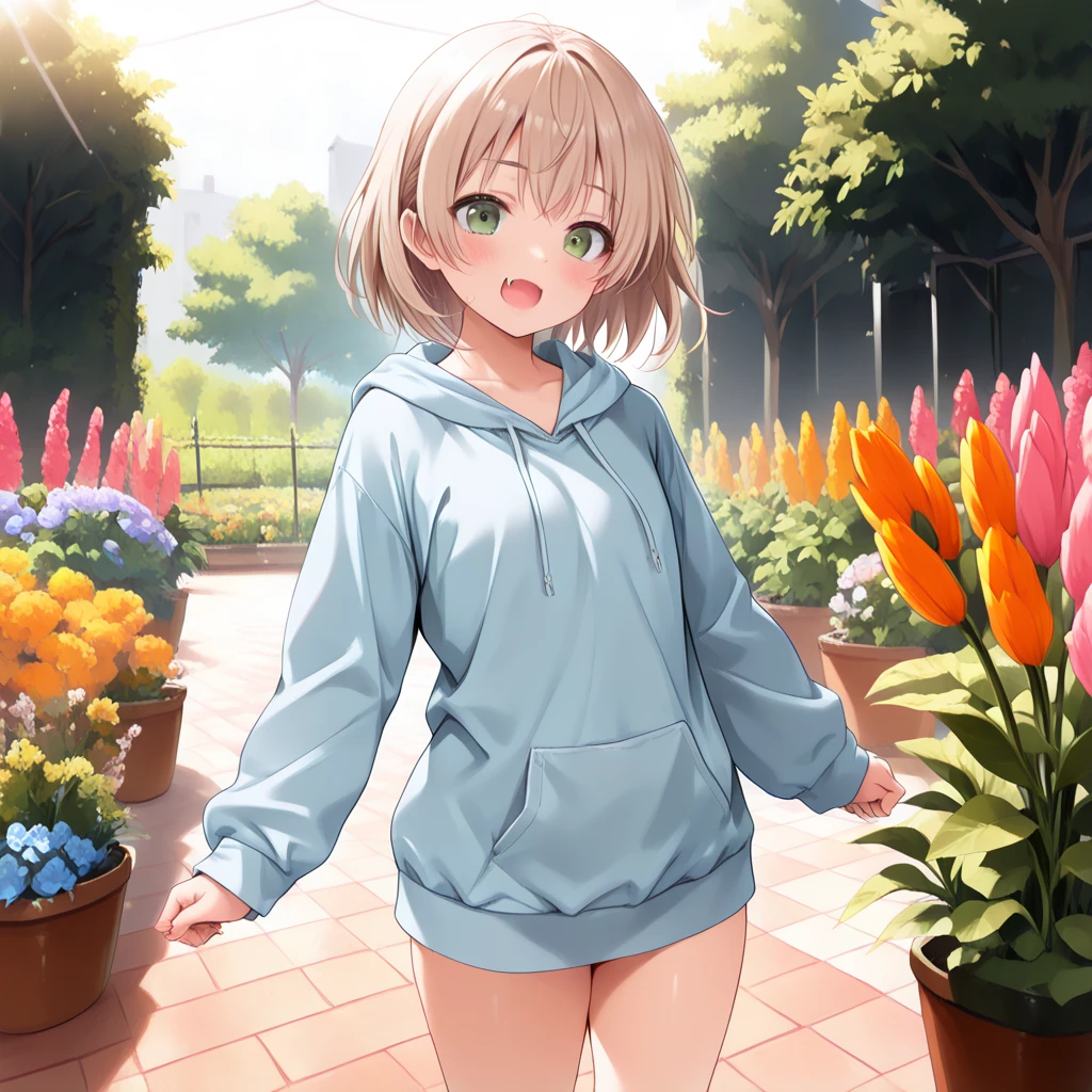 (((Small))),masterpiece, highest quality, High resolution, wallpaper, Realistic, Bright lighting, Professional Lighting, Face Light, Smooth lighting, Japanese Girls, ((Whole body 1.4)),Are standing, cute, smile, beautiful girl, gravure, sexy, so beautiful, Beautiful Skin, Beautiful and detailed、Detailed face、slim、Moderate, short hair, Blonde Hair, Brown Eyes, View your viewers,mini skirt,((((Tuck up your skirt)))),(White Bra), White panties,((Pink hoodie)),((Open Parker)),Sunny Flower Park,Small,