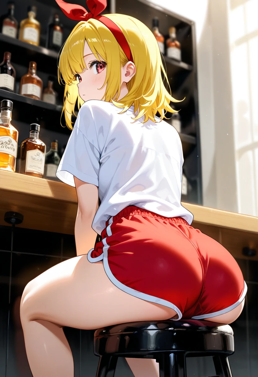 NSFW anime style image of a girl in a tavern wearing a very short miko outfit and her panties are red. Her big ass is noticeable and she is holding beer mugs in both hands. Her hair is green and disheveled and she has dark circles in her eyes.