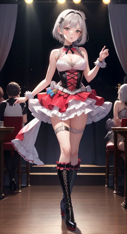 sexy dance show,(running:1.5),special week \(umamusume\)),good anatomy, masterpiece, best quality,realistic, hyperrealistic, 16k hdr,happy Smile,(Live Stage),(see through costume:1.2),Stage costumes,Horse tail,sing a song,ultra miniskirt,navel,micro panties,clearvage,erected nipples,sweat,from below,large breasts,spread legs