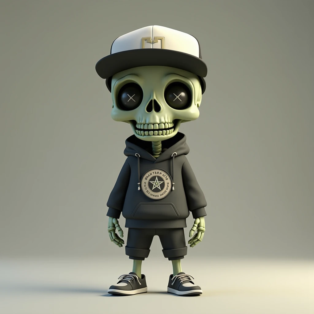Create a doll , funny skull, animated style with all green chroma key background, full body in black clothes, happy
