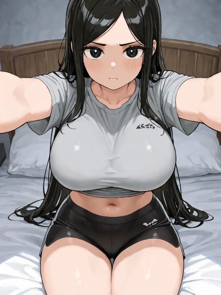 gym, workout, hot, sweating, sweaty, tan, big boobs, tan skin, flustered, blush, black clothes, see thru, yoga pants, on the bed, lying on bed, sleeping, taking a nap