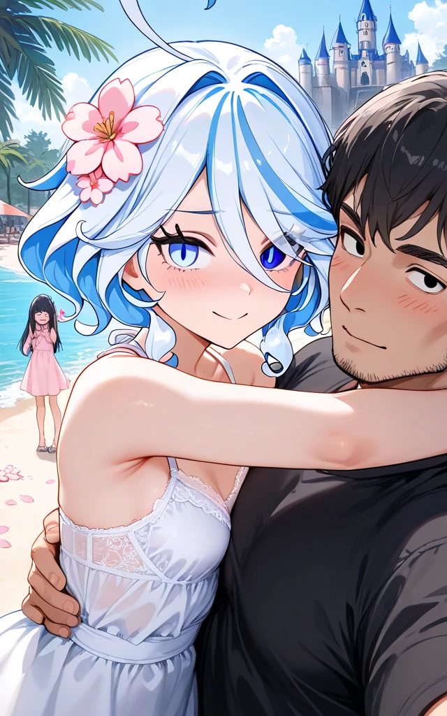 Masterpiece, anime, anime style, Kami-sama ni Natta Hi art style, greatest anatomy, detailed anatomy, duo, two people, a boy and a girl.
a boy yellow hair, blue eyes, wear beach shirt, and white pants.
a girl light gray hair and eyes, bob hair style, black catgirl ears and pink inside, d cup tits size, wear black bra and panties and transparent shirt.
They standing at beach.