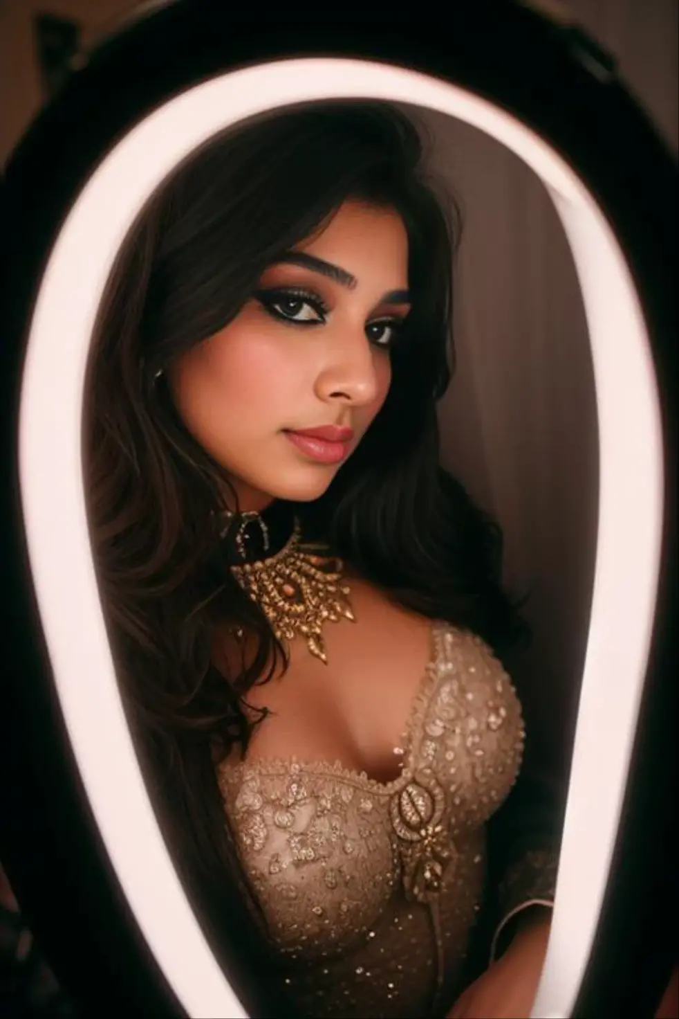RAW photo, pakistani woman, ringlightselfie, london, 8k uhd, dslr, soft lighting, high quality, film grain, Fujifilm XT3, lr <lora:ringlightselfie:1> <lora:eyelashes_slider_v3:4>