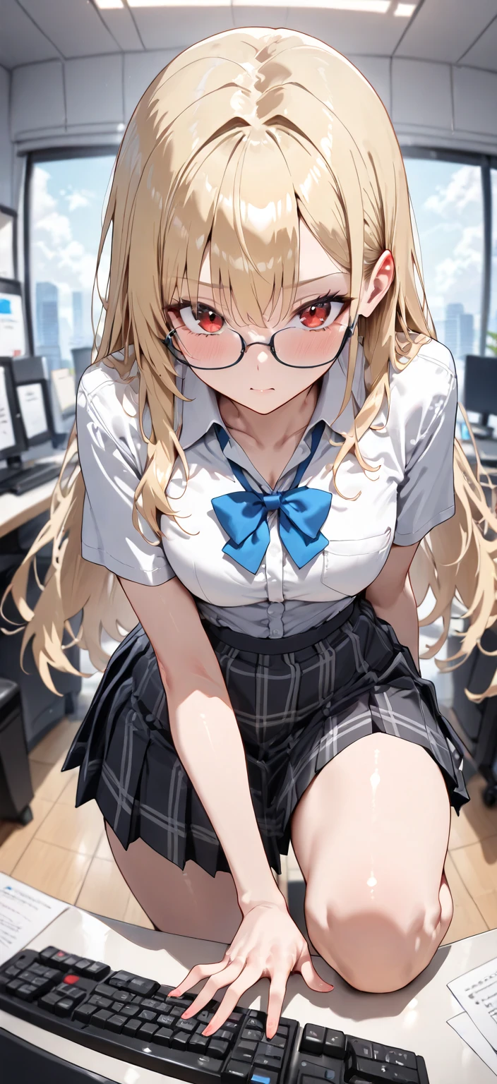 high quality,uniform,hort Bob,Glasses,Blonde,Red panties are visible from under the skirt,classroom