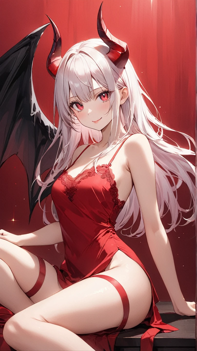 masterpiece, Highest quality, High Resolution, HS1,blush、smile,NSFW、Balcony、Big Breasts、Gray Hair、Red eyeoonlit Night、Bat Wings、Braid、Red dress、hair ornaments