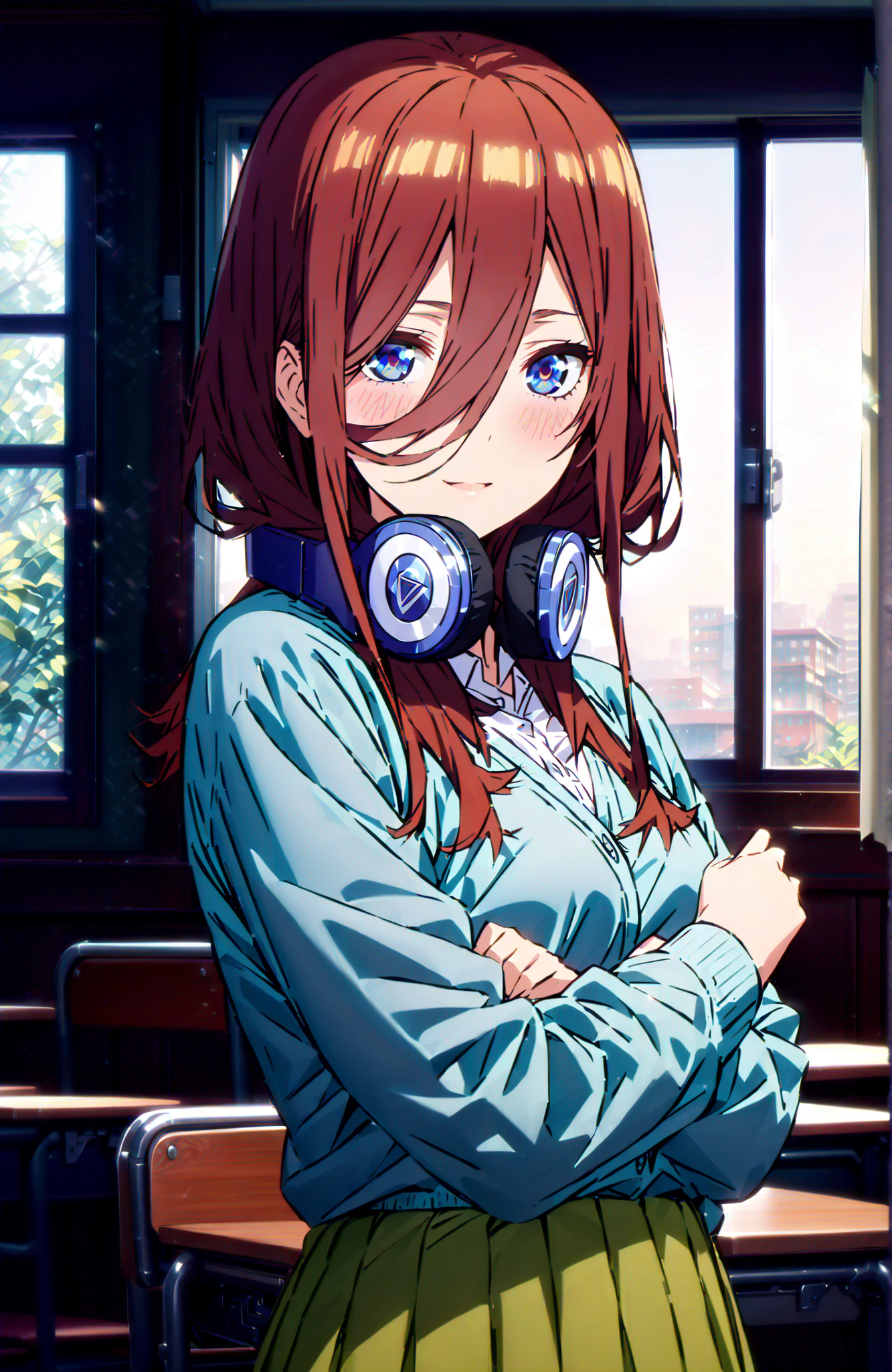 Nakano Miku, long hair, bungs, blue eyes, brown hair, shirt, hair between eyes, headphones, cardigan, headphones around neck,smile,blush,open your mouth,
in their 40s skirt, shirt, long sleeve, white shirt, pantyhose that define Selena, pleated skirt, black pantyhose that define Selena, cardigan, Green Skirt, blue cardigan,standing,Holding a blue bouquet with both hands,curtains,window,machine,chairs, Flower blowing snow,
in their 40s indoors, Classroom,
in their 40s looking at viewer, full body,
in their 40s (masterpiece:1.2), Highest Quality, high resolution, Unity 8k Wallpaper, (Illustrations:0.8), (beautifully detailed eyes:1.6), very detailed face, perfect lighting, very detailed CG, (perfect hand in h, perfect anatomy),