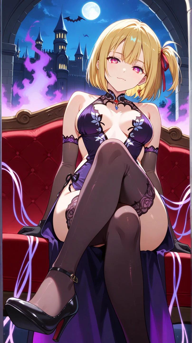 1 Anime Girl, (((Black Dress))), (((Sitting on a red couch))), (((blond hair))) (Long Hair), (((blue eyes)))), ((sexy pose)))), (((mischievous smile)))) , (((folded leg exposing the thighs))))), ((showing the panties)))), ((wearing socks fishnet thigh highs))), ((large breasts)), (veil))))