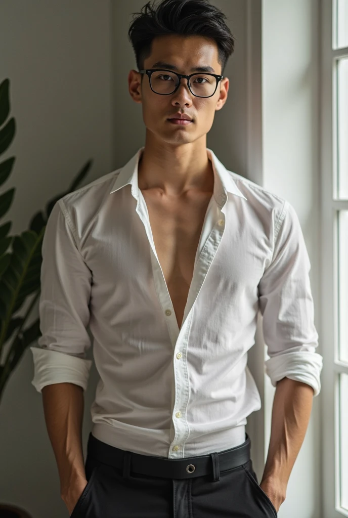 Andrew thomas huang, oval face, eyeglasses, slim muscular, short shorts, living room
