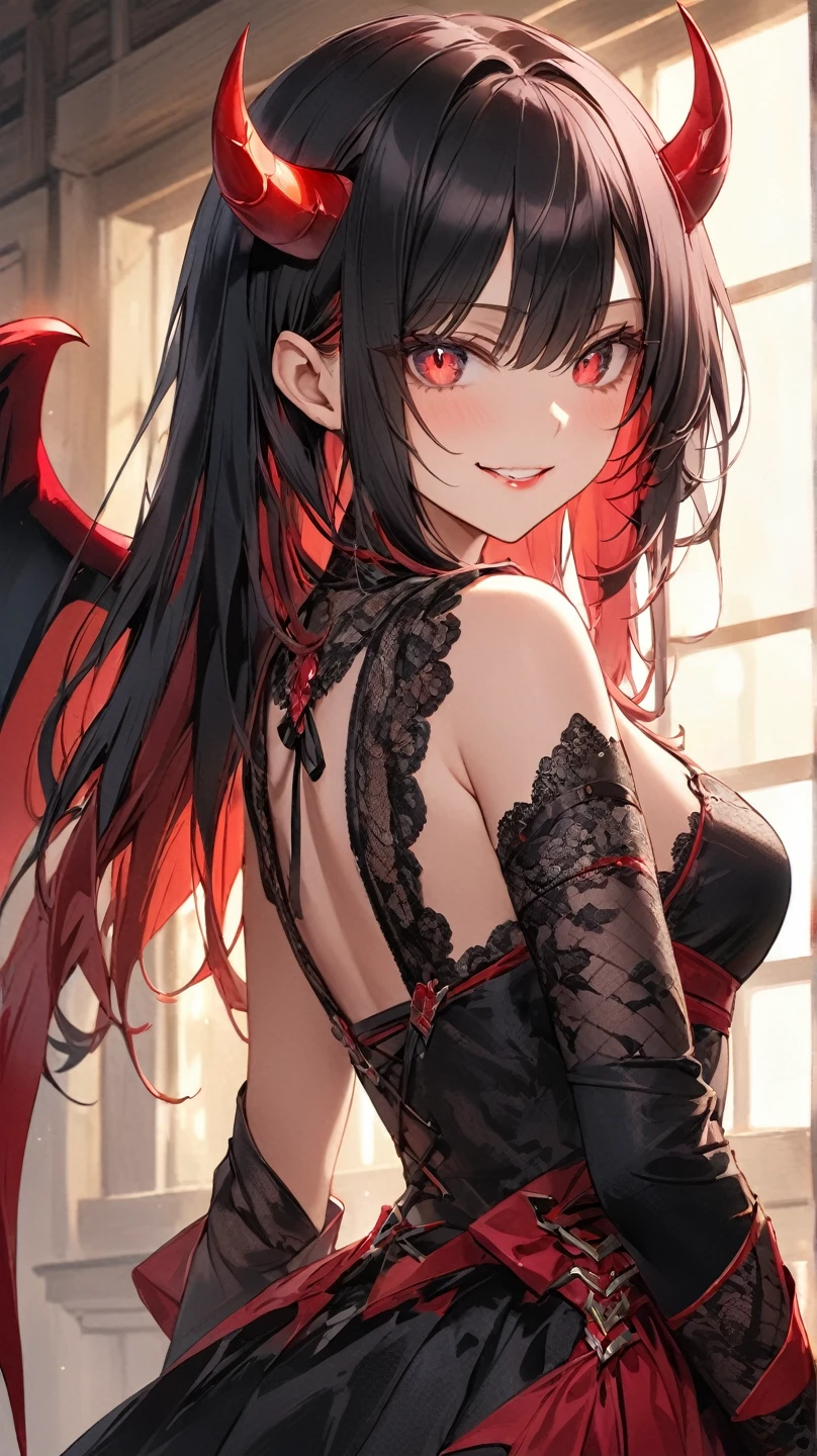 a (horned demon girl) smiling, wearing a lace cloth dress, black hair, red smokey eyes makeup, hair accesories, dramatic magic floating pose, (full body).