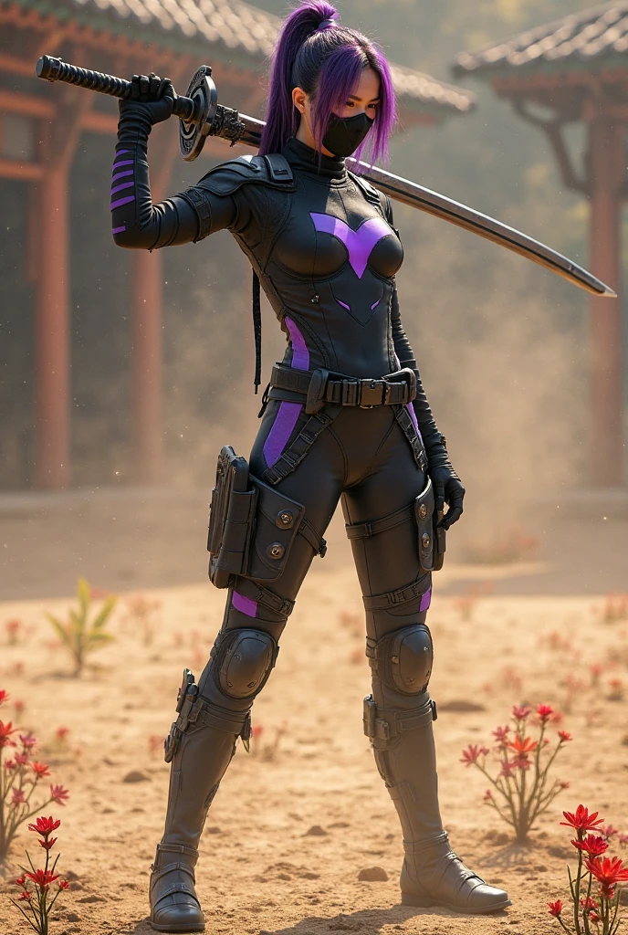 1 woman, inside a hand weapons room, wearing moss green ninja clothing, detailed facial features, feminine brown eyes, detailed dark skin, medium length purple hair, image showing full body, cleavage, dramatic lighting, cinematic composition, palette cold, dark colors, atmospheric fog, strong body, thin chin, (best quality, 4K, 8K, high resolution, art: 1.2), ultra-detailed, (realistic, photorealistic, photorealistic: 1, 37)