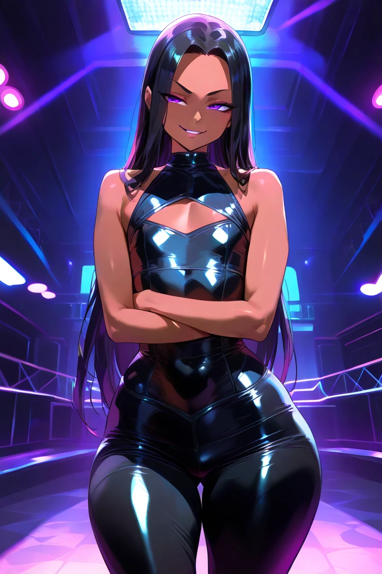 (solo:1.1),(masterpiece), (best quality:1.3),, highly detailed, intricate, professional art, digital art, absurdres, confidant, Blackfire, futanari Blackfire wearing an armored-leotard with armored-pants and thigh-boots posing confidently in night-club, 1girl,(sadistic smirk) , solo,(slender build),(broad shoulders), (long sleeves), black hair, (purple eyes colour), (dark tanned skin:1.4), abs, wide hips, (aroused:1.2), (futanari:1.1), (makeup 1:1), (black lipstick:1.3), large penis, (huge crotch bulge:1.3), (Long crotch bulge:1.3), huge testicles, frontal view, universal lighting, small head,(Bubble Butt)