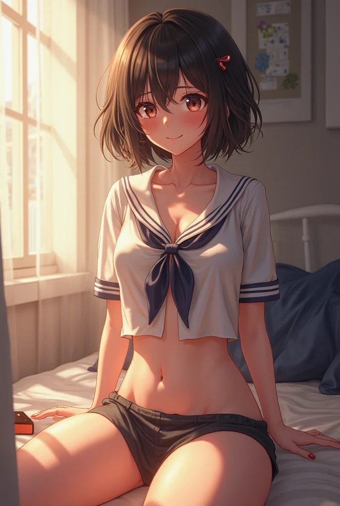 ((masterpiece,Highest quality:1.3,best quality illustration)),((realistic:1.2)),cowboy shot,solo,1woman,18 year old beauty、black hair,short bob hair,(center parted bangs),black eyes,(gorgeous big eyes),((very small head:1.3)),shy,((slender body,skinny)),(tan skin:1.4),small breasts,White short-sleeved collared shirt、red bowtie,A navy blue pleated mini skirt with rolled up hem、White panties),(panty pull down),gleaming skin,oily skin,slender body,sweat, kneeling,spread legs,Simple bed、Simple bedroom、Tokyo、nsfw,
