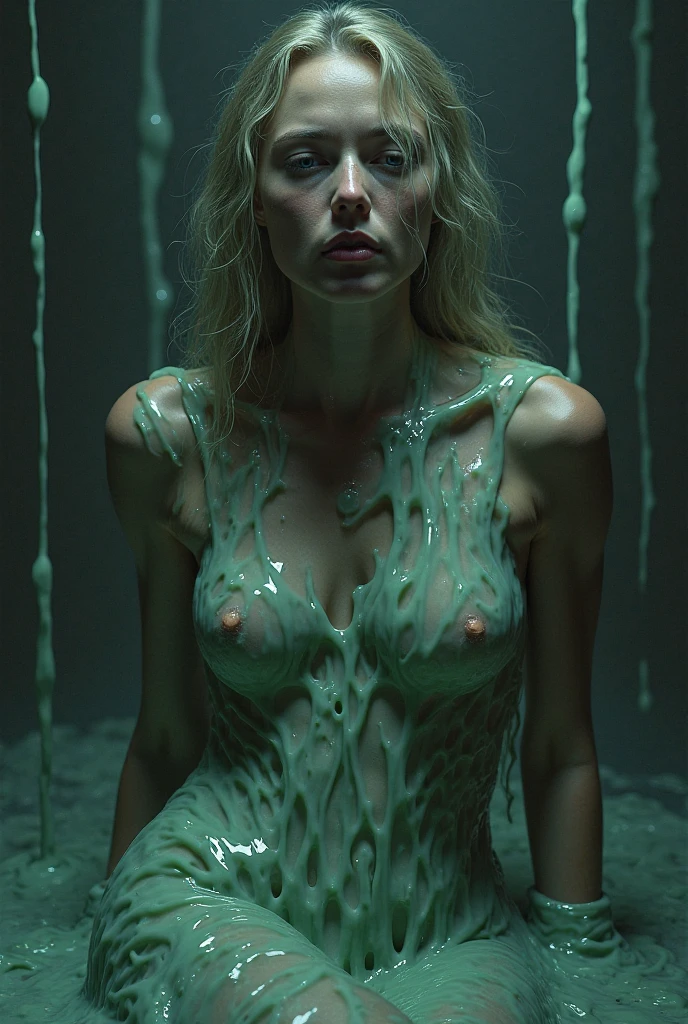 Natalie Portman blonde with big tits, very wet and damp in a pool, with her mouth slightly open, green neon lights, seductive look with the intention of sucking, very sexy, with large drops of milk on her face, nose, neck and tits, (completely naked)(emphasizing her tits)(view from above)