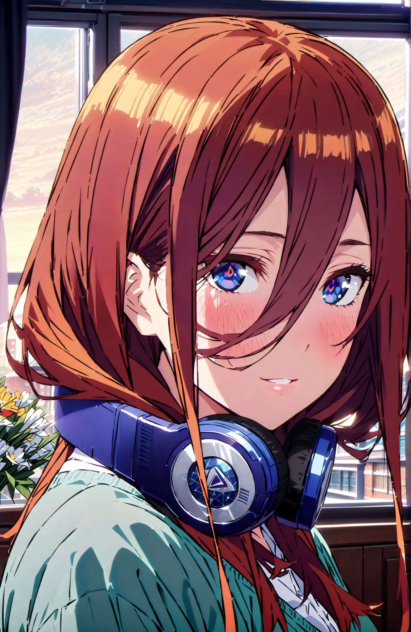 Nakano Miku, long hair, bungs, blue eyes, brown hair, shirt, hair between eyes, headphones, cardigan, headphones around neck,smile,blush,open your mouth,
in their 40s skirt, shirt, long sleeve, white shirt, pantyhose that define Selena, pleated skirt, black pantyhose that define Selena, cardigan, Green Skirt, blue cardigan,standing,Holding a blue bouquet with both hands,curtains,window,machine,chairs, Flower blowing snow,
in their 40s indoors, Classroom,
in their 40s looking at viewer, full body,
in their 40s (masterpiece:1.2), Highest Quality, high resolution, Unity 8k Wallpaper, (Illustrations:0.8), (beautifully detailed eyes:1.6), very detailed face, perfect lighting, very detailed CG, (perfect hand in h, perfect anatomy),