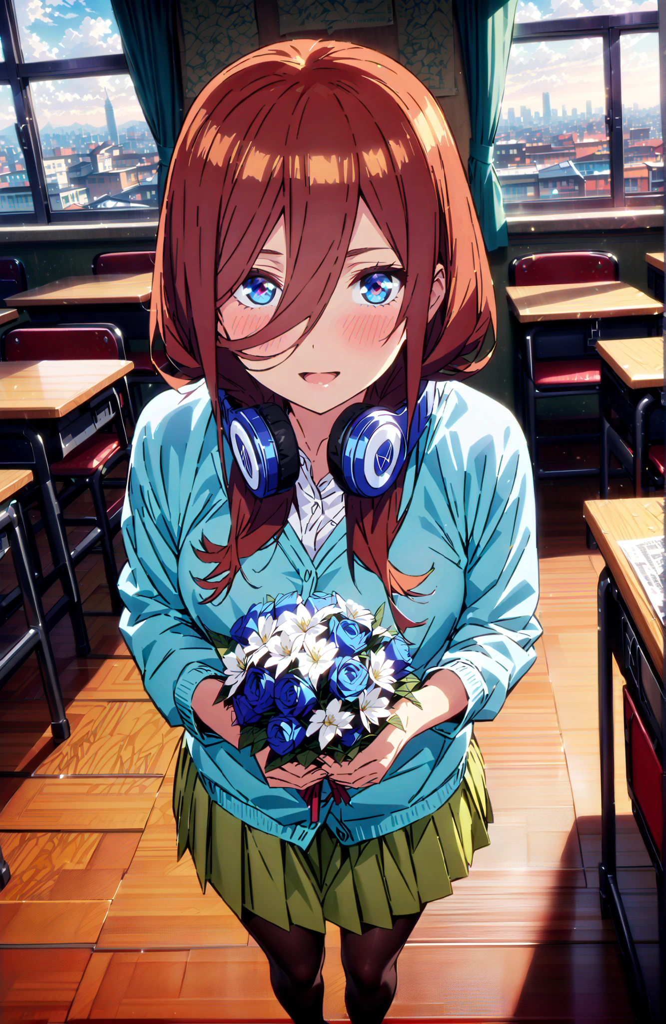 Nakano Miku, long hair, bungs, blue eyes, brown hair, shirt, hair between eyes, headphones, cardigan, headphones around neck,smile,blush,open your mouth,
in their 40s skirt, shirt, long sleeve, white shirt, pantyhose that define Selena, pleated skirt, black pantyhose that define Selena, cardigan, Green Skirt, blue cardigan,standing,Holding a blue bouquet with both hands,curtains,window,machine,chairs, Flower blowing snow,
in their 40s indoors, Classroom,
in their 40s looking at viewer, full body,
in their 40s (masterpiece:1.2), Highest Quality, high resolution, Unity 8k Wallpaper, (Illustrations:0.8), (beautifully detailed eyes:1.6), very detailed face, perfect lighting, very detailed CG, (perfect hand in h, perfect anatomy),