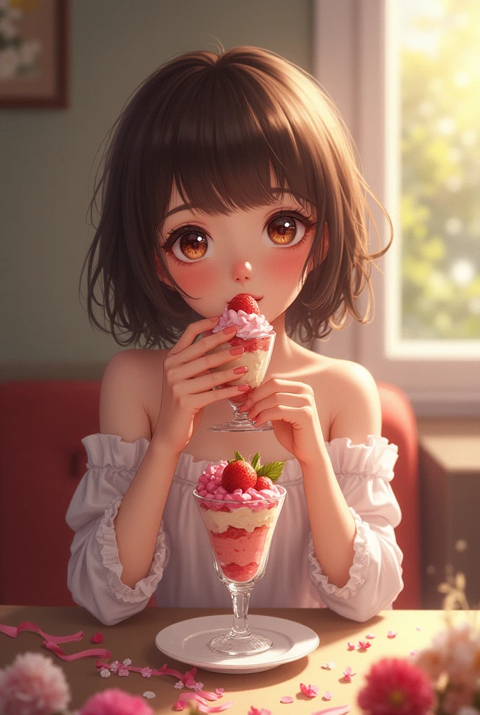 anime girl in a kitchen with a cupcake and a bottle of milk, concept art by Yang J, pixiv contest winner, fantastic realism, seductive anime girl, extremely detailed artgerm, beautiful alluring anime woman, anime girl drinks energy drink, ig model | artgerm, , anime food, attractive anime girl, [ 4 k digital art ]!!