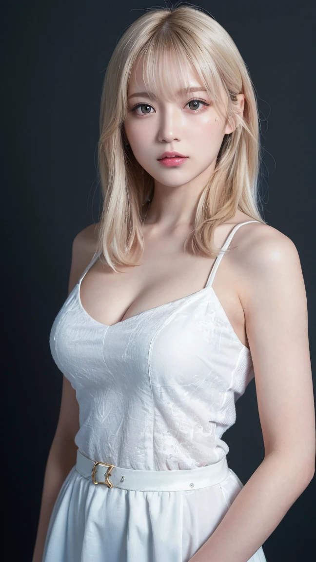 (((forehead、Blonde、Northern Europe、White people、beautiful girl、Blonde、White background、Sexy Costumes)))、table top, highest quality, figure, super detailed, finely, High resolution, 8k wallpaper, Perfect dynamic composition, detailed and beautiful eyes, Deco out,bionde, medium hair, super big breasts, Natural color lip,white background, random cute poses,frill dress
