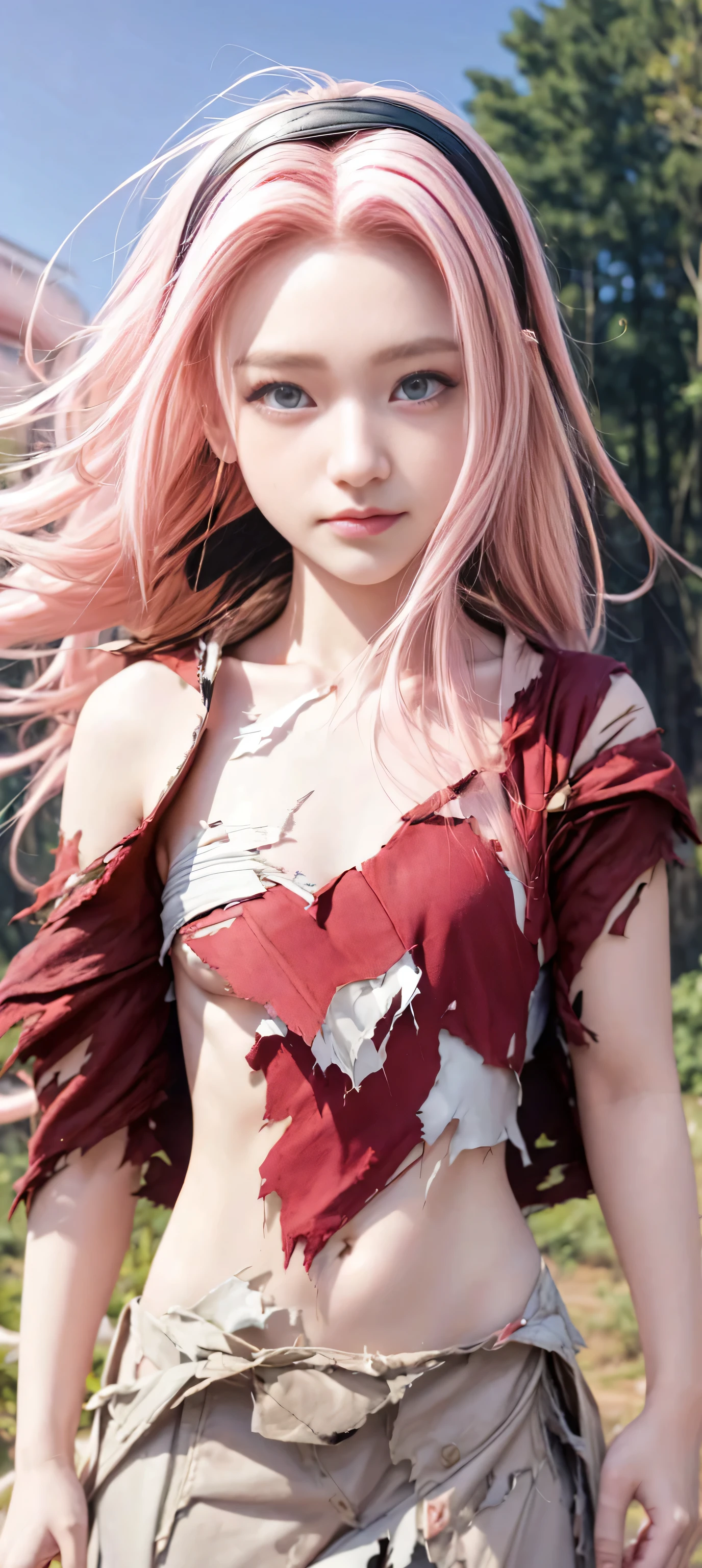 masterpiece, best quality, (realistic,photo-realistic:1.4), (RAW photo:1.2), extremely detailed CG unity 8k wallpaper, delicate and beautiful, amazing, finely detail,official art, absurdres, incredibly absurdres, huge filesize, ultra-detailed, extremely detailed, extremely detailed girl,extremely detailed eyes and face, light on face,little smiles,(long hair:1.7),(pink hair:1.3),(forest.background:1.4),haruno sakura(girl:1.3),(torn clothes:1.5),(red hairband:1.3),(flat chest:1.5)