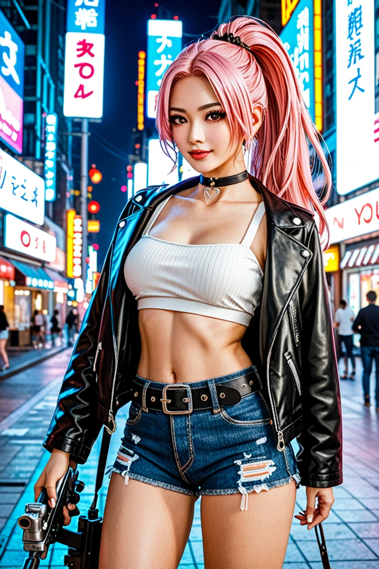 (Full Body View:1.1)、(Side view:1.1)、(Beautiful face:1.3)、(Smiling with teeth showing:1.3),(Shibuya Gal:1.5)、(Beverly Hills Whore:1.4)、(Neo-goth fashion:1.5)、(Punk RockVisual Kei:1.4)、(Modern white and red Barong:1.5)、(Tattered brown and charcoal denim bugle pants:1.5)、(Mustard Yellow Headband:1.3)、(Charcoal and khaki high heels:1.4)、collar、(We sell patterned underwear with logos.:1.4)、20-year-old、Browsing Caution,((Highest quality、In 8K、masterpiece:1.3))、Sharp focus:1.2、(Layered Cut、Huge breasts:1.1),Beautiful woman with perfect figure:1.4、(Doing an aerobics pose:1.3)、Slim Abs:1.2、Butt、Highly detailed face and skin texture、Fine grain、double eyelid,(Twin tails:1.3)、(Pink Hair:1.3)、Obscene、Idol Sculpture、(A luxurious amusement park at night:1.3)、(Slimming your legs:1.4)、(The body is slim:1.3)、(clavicle:1.1)