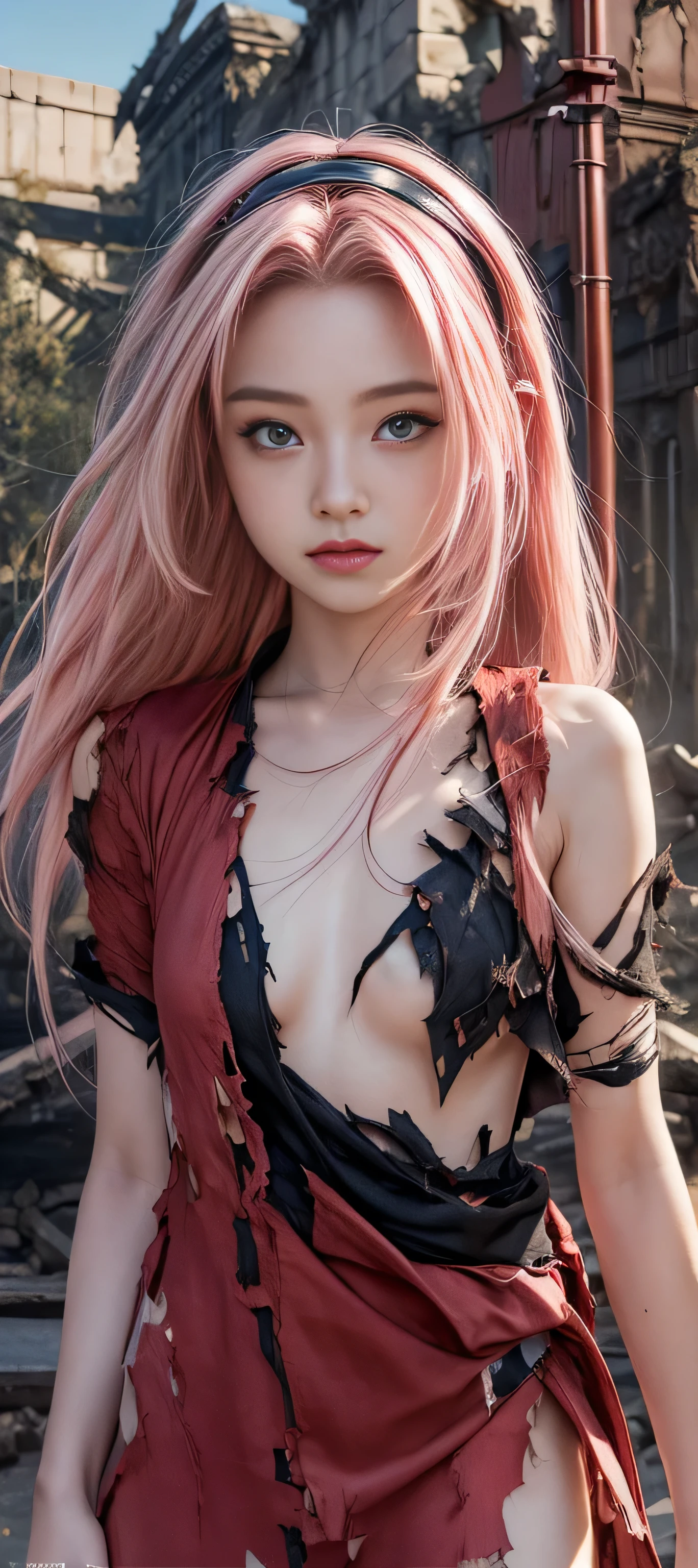 masterpiece, best quality, (realistic,photo-realistic:1.4), (RAW photo:1.2), extremely detailed CG unity 8k wallpaper, delicate and beautiful, amazing, finely detail,official art, absurdres, incredibly absurdres, huge filesize, ultra-detailed, extremely detailed, extremely detailed girl,extremely detailed eyes and face, light on face,little smiles,(long hair:1.7),(pink hair:1.3),(ruins background:1.4),haruno sakura(girl:1.3),(torn clothes:1.5),(nude:1.5),(red hairband:1.3)