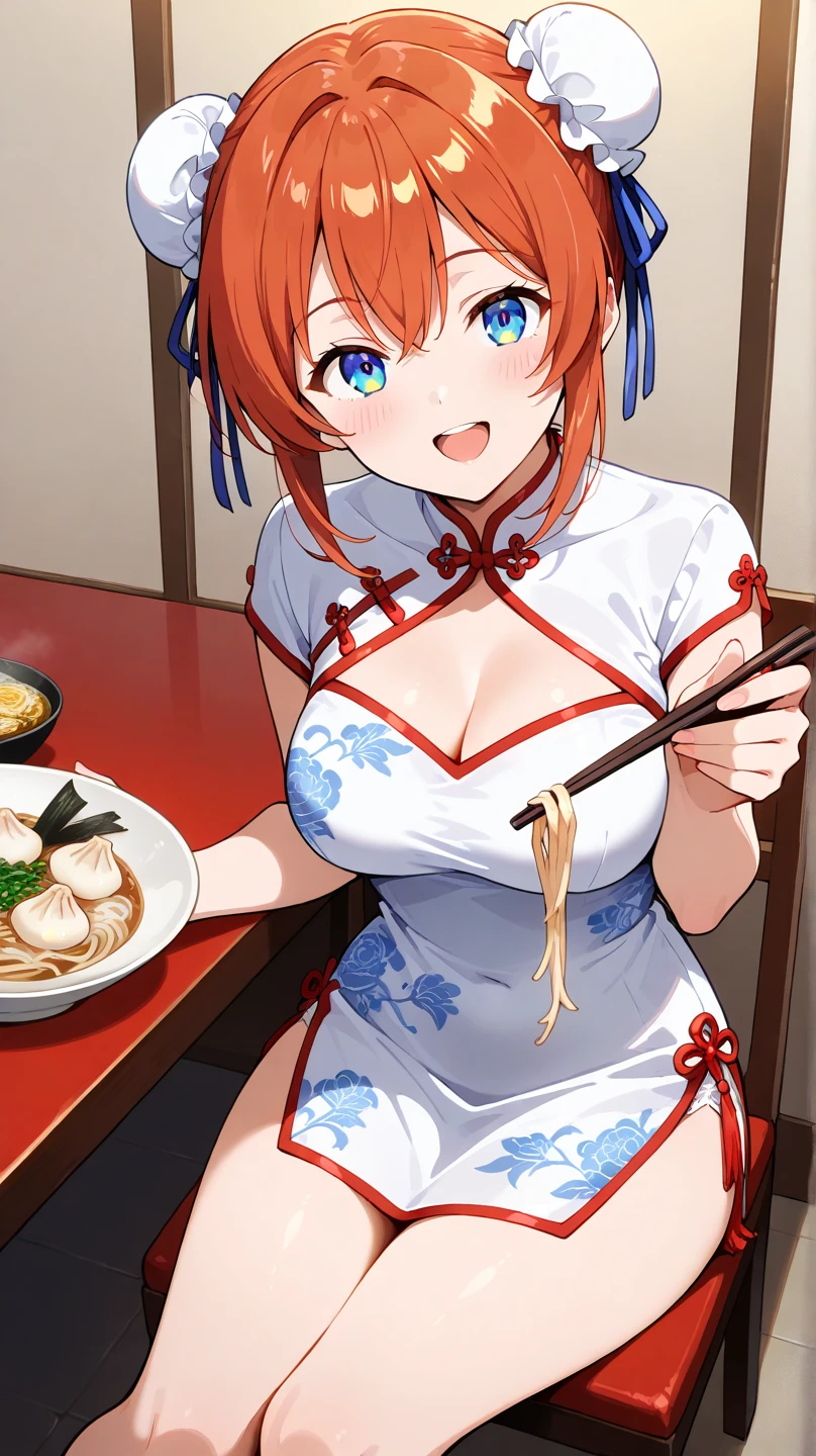 [high quality, best quality], 1girl, solo, sakimiya iruka, green scrunchie, <lora:iruka-000030:0.72>, qipao, chinese dress, standing on one leg, holding plate of dumpling, steam, restaurant