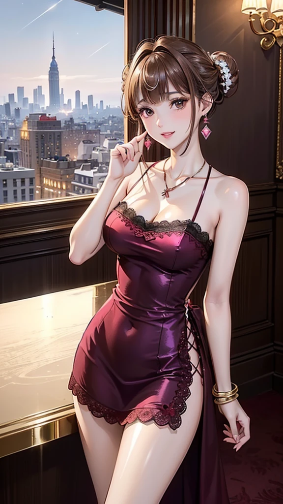 very cute and beautiful girl,(highly detailed beautiful face), kneeling,cowboy shot,(glamorous frilled red nightgown),skirt lift,white ,looking at viewer,(smile),black hair, antique hotel bedroom at night,window,night city overview, (best quality,masterpiece:1.2),absurdres,highres,ultra-detailed,extremely detailed,32k,8k resolution, intricate details,cinematic scene,detailed background,solo,dynamic angle,