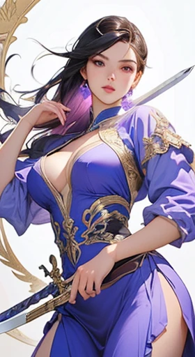 4D Renaissance waist up portrait of a twenty year old South Korean girl with long straight hair and loose black, gorgeous super detailed face, this wearing gorgeous purple warrior clothes, minimialist, high resolution, super detailed painting