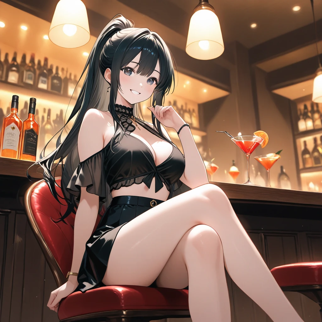 Highest quality, masterpiece, Ultra-high resolution, female、Big Breasts、Black Bunny、leotard、Mesh Knee Socks、Night Bar、A charming smile
