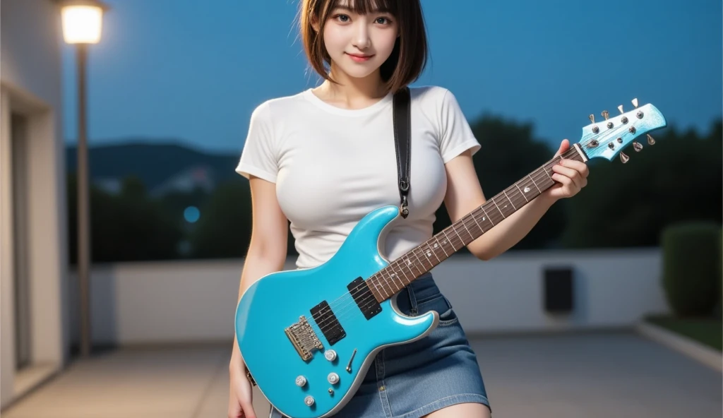 ((best quality)), photorealistic, photorealism, Photorealistic, high resolution, ((Wearing sexy lace night gown))、smile、A superb beauty、Super cute、ennui、Rare beauty、Very Short hair、Black Dark Eyeshadow、Sad、white skin、pale skin, Very short hair layered、Dark Gothic Makeup、Cute Smile、Fragrant beauty、Stained glass background、Mastepiece、Best Quality、Refers to 5 books、Sweat glistening on my chest、Sweat glistening on my face、Large breasts、Blue hair、Age 20 years old、Mysterious look、A sad expression、Blue Hair、Glamorous concert stage、enchanting castle、Sweating profusely all over the body、A lot of sweat and light on the thighs、Shiny thighs、Plenty of sweat glistening on the thighs、A large amount of sweat glistens on my thighs、Sweating profusely、Gal、Large breasts、Beautiful face、Alluring expression、Thin thighs、Playing electric guitar、I have an electric guitar、Sing a song enthusiastically、Playing guitar in a band、Rock band、Playing guitar chords、Live House Background、Sing a song、Open your mouth、Live house scenery、Mike stand、Glamorous live stage、Dynamic Angle、cinematic lighting