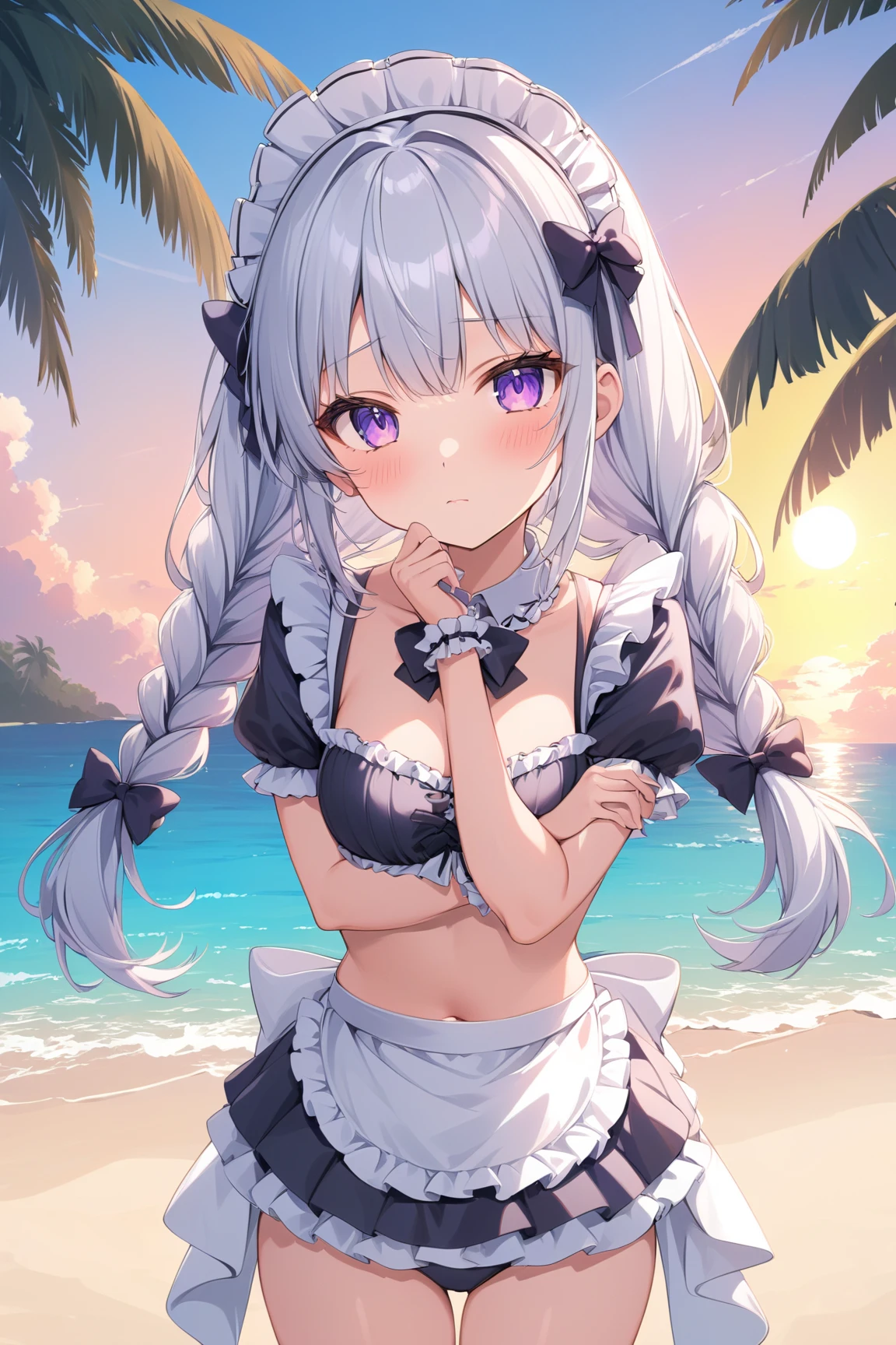 ​masterpiece, top-quality, Detailed details, Detailed landscapes, beatiful lights, Beautiful Shadows,one girls,12year old,((open one's legs)),(Stand on one knee),Child's body shape,huge smile,(innocent smiles),detailed skin textures,flipflops,long,Bunching hair,Silver hair ornament、silber hair,piercings、Silver necklace、Red bright eyes、Children's swimwear,Fluffy swimsuit,Flip fluffy mini skirt,sea side、Sitting on a man's lap,sitting on、beach parasol、L size drinks、blue-sky、llight rays、High contrast,((Oblique view from below))