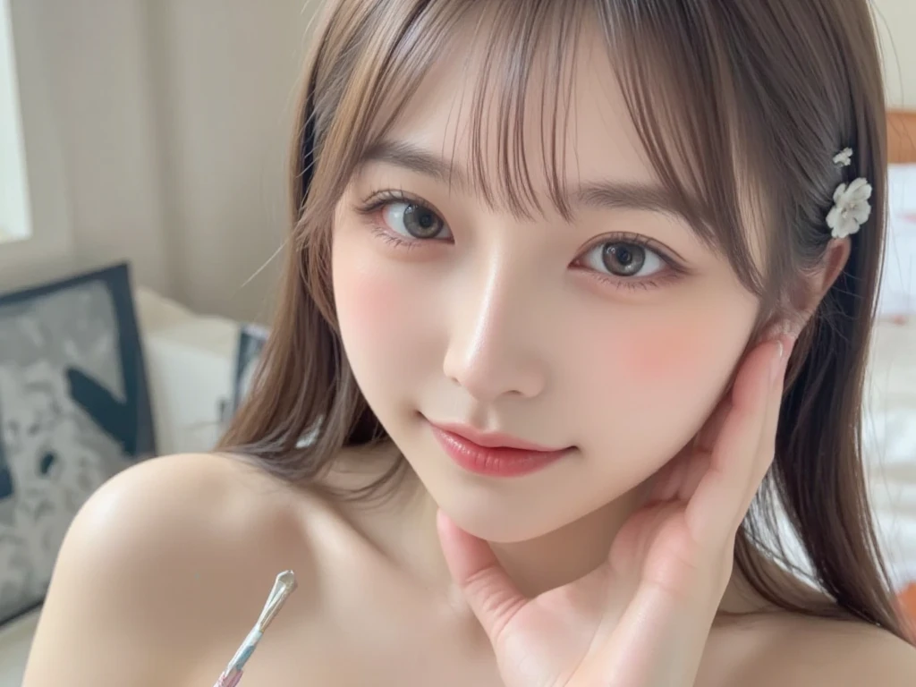 masutepiece, Best Quality,
Ultra-detailed, finely detail, hight resolution, in 8K,
((Photorealsitic:1.4, Raw photography, 超hight resolution,Top image quality: 1.4)),
Wallpaper,
((Composition that includes the perfect whole body)),
Beautiful detailed eyes, Natural Color Lip,
((A big smile:1.5)),
((Random and cute hairstyles)),
((Random and cute poses)),
((Colossal tits、cleavage of the breast:1.2)),
((Random sexy underwear:1.5)),
((Thin abs with thin lines:1.5)),
((Bring your chest together with your arms:0.9)),
((From above)),
((Random blurry background)),
((((I can see my whole body when I lie on the bed:1.7)))),,
((Tuck your chest between your arms))
very detailed and professional lighting、
((Random and cute facial expressions:1.5))、
((thigh visible:1.5)) (8k、RAW Photos、top-quality、masterpiece:1.2)、(realisitic、Photorealsitic:1.37)、1人、japanes、femele、tokyo streets、natta、profetional lighting、Photon Mapping、Radio City、Torn、huge tit、Knitwear that is pure white and very small in size,、The tips of the are sticking out、areola protruding、The shape of the pubic area is clearly visible、Lots of lashes、Lame on the eyelids、A slender、Crotch open、My are big and are about to spill out of my bra