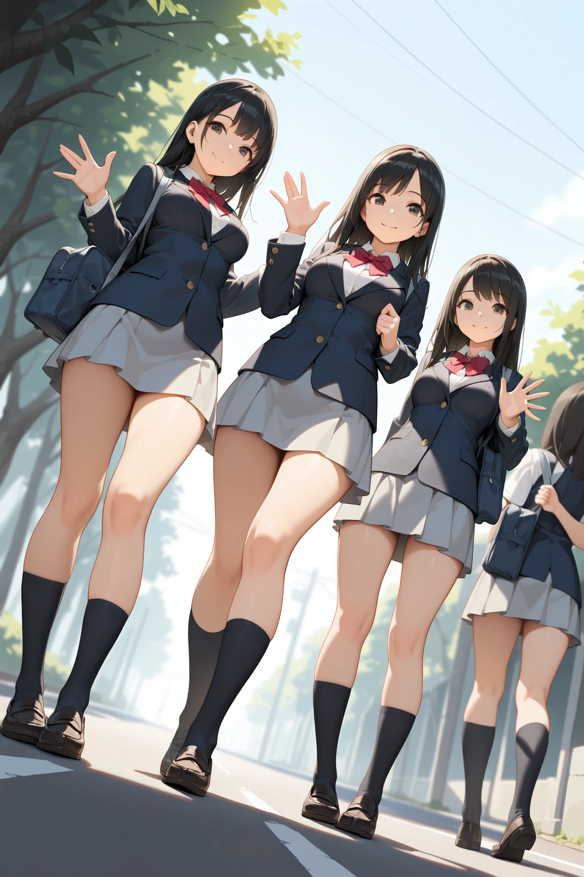 ayuogiwara, Sayu Ogiwara, brown hair, (brown eyes:1.5), medium hair, break ,nsfw, masterpiece, highly detailed, {{{outdoors, In front of the school gate}}, , 4girls, looking at viewer, standing, kneeling, {{small breamedium breasts, {leasts}, {long hablond hair]], bob cut, [[red hair]], [black hair], [[blue hair]], [[[twintails]]], {slender}, red ribbon choker, smile, [[open mouth]], {{white socks, black socks}}, thighhighs,  (((pubic hair))),shiny skin, happy, smile, [[[[sweatdrop]]]], shiny hair, loafers, [[[grin]]]