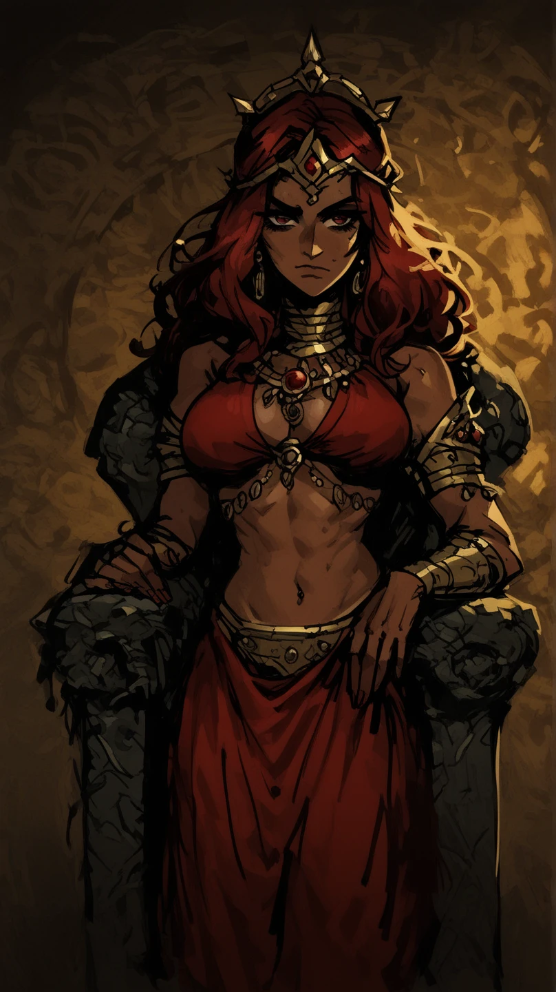 (1girl, Belladonna), (extremely detailed CG unit 8k wallpaper),(master part), (best quality), (ultra detail), (best illustration),(ghibli style), cowboy shot, (Sharp eyeliner, ombre, detailed eyes:1), midnight, dark burning volcanic cave background, ,break , (GHIBLI_Background), red hair, curly hair, long hair, pelvic curtain, cape, greaves, very long hair, bikini armor, facial mark, pelvic curtain, belt,