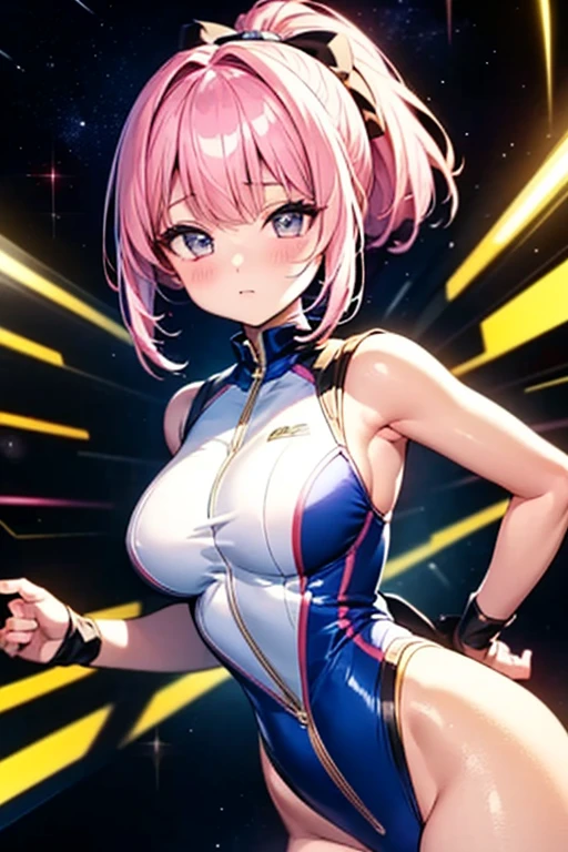 masterpiece, game CG, poster, highest resolution, official illustration, three-dimensional coloring, detailed Coloring, detailed description, artistic beauty, (1girl:1.2),(solo:1.2),facial features sharp Face,large_breasts,thighs,bared_arms,bared_legs,
Round, body with a smooth texture, light pink skin, large, expressive blue eyes, geometric facial features, soft, rounded limbs, smooth, shiny surface with a slightly futuristic look, angular, geometric patterns integrated into the body, subtle, digital accents, playful and approachable design with a touch of technology.